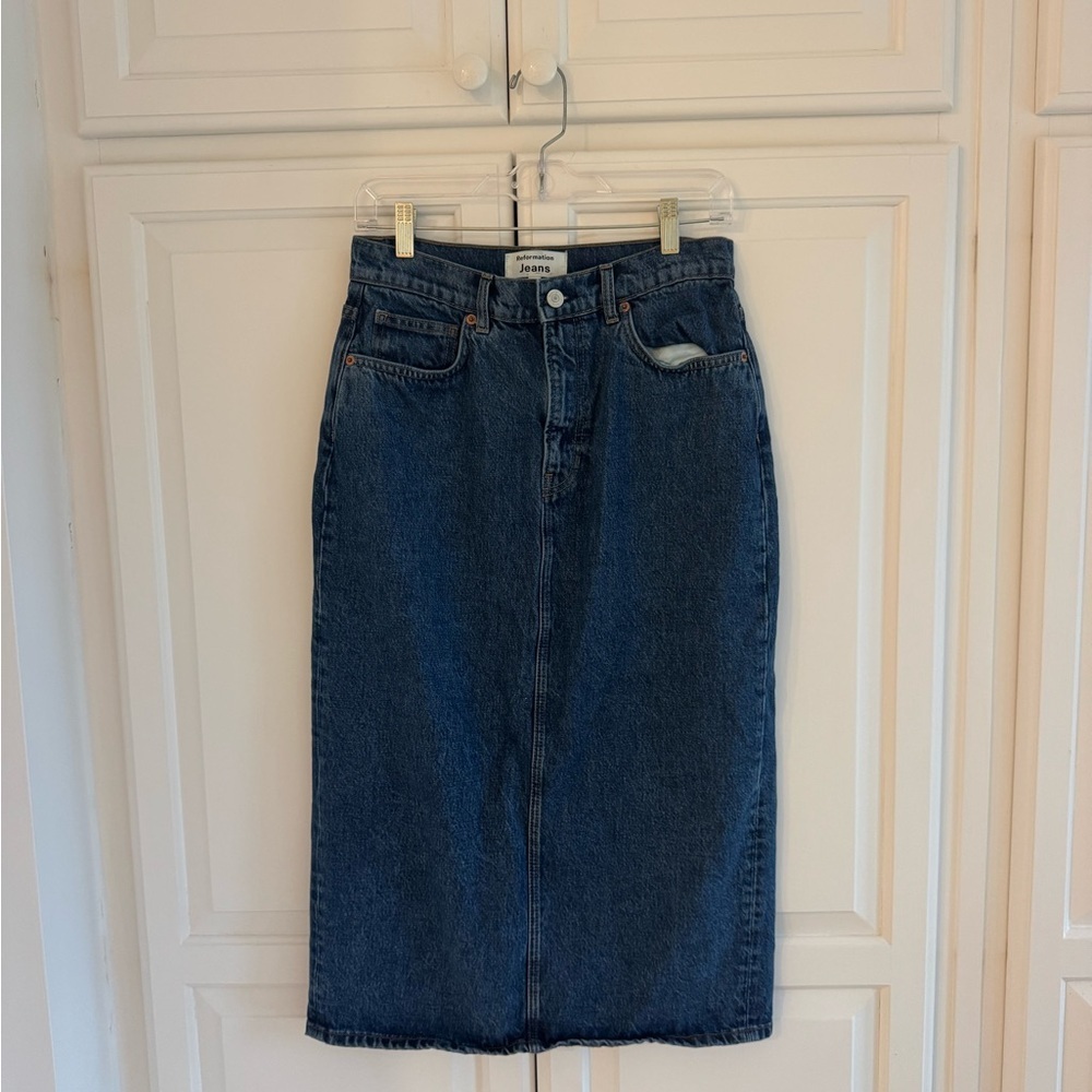 Reformation Blue Denim Midi Skirt